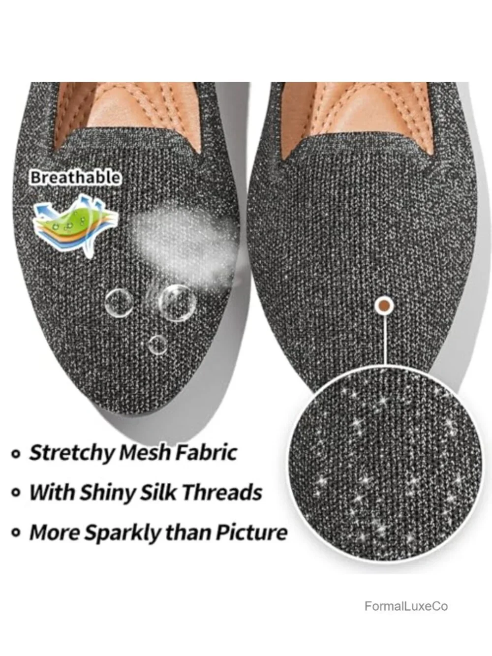 Women's Shiny Mesh Loafers with Memory Foam Insole Slip Ons